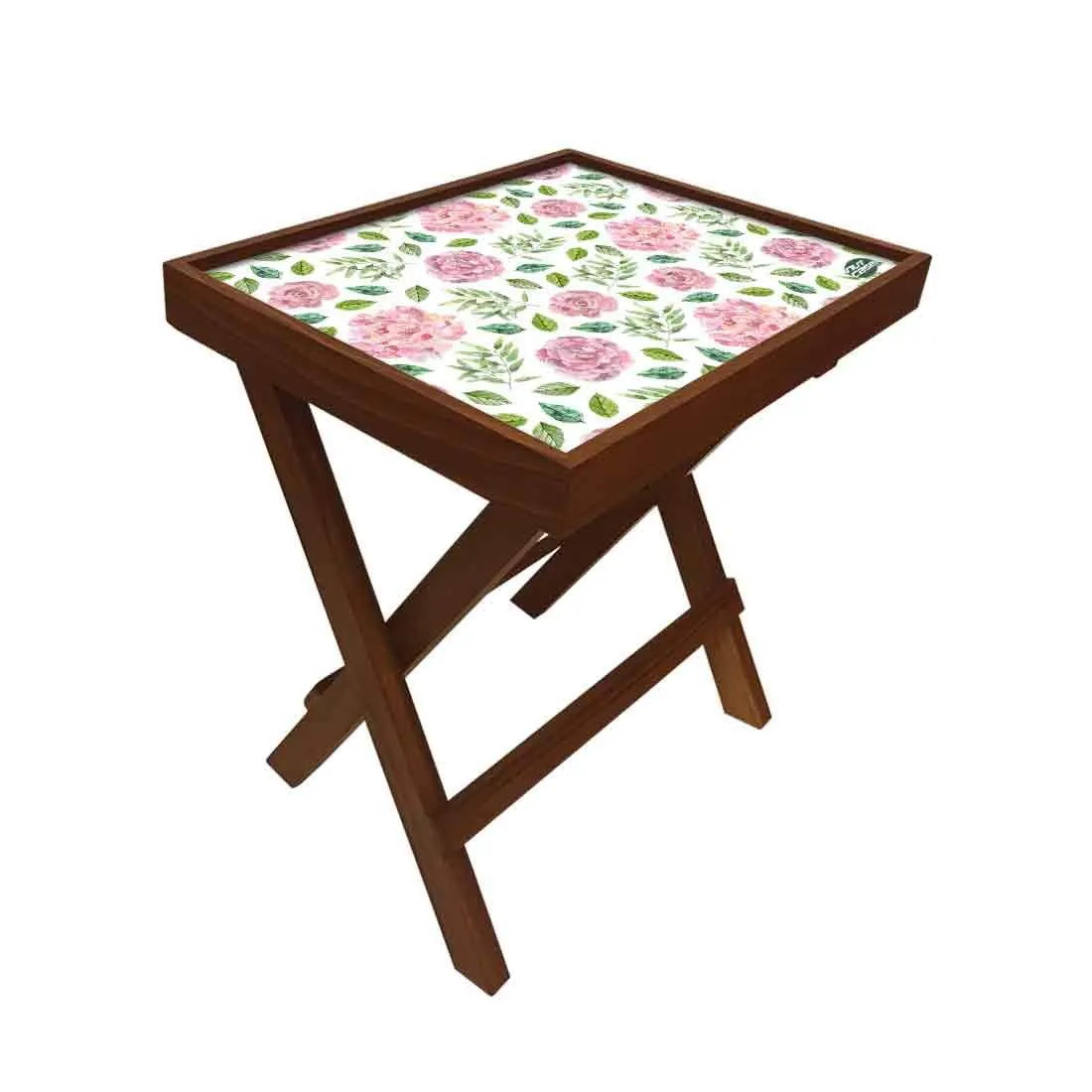 Nutcase Designer Teak Wood Side Table Folding Wooden Bedside Coffee Outdoor Picnic Table - Flower Pattern