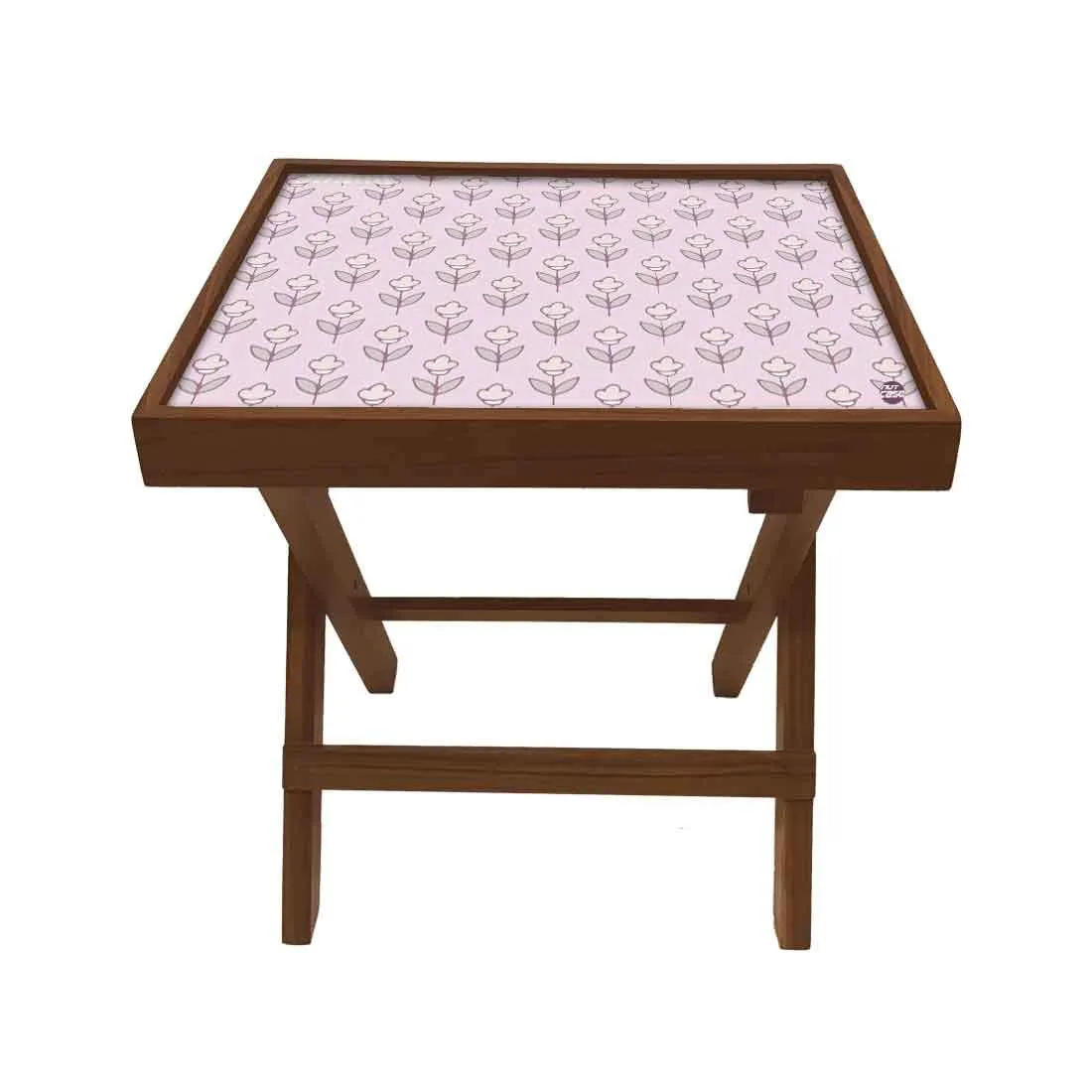 Nutcase Designer Teak Wood Side Table Folding Wooden Bedside Coffee Outdoor Picnic Table - Flower Pink Shade