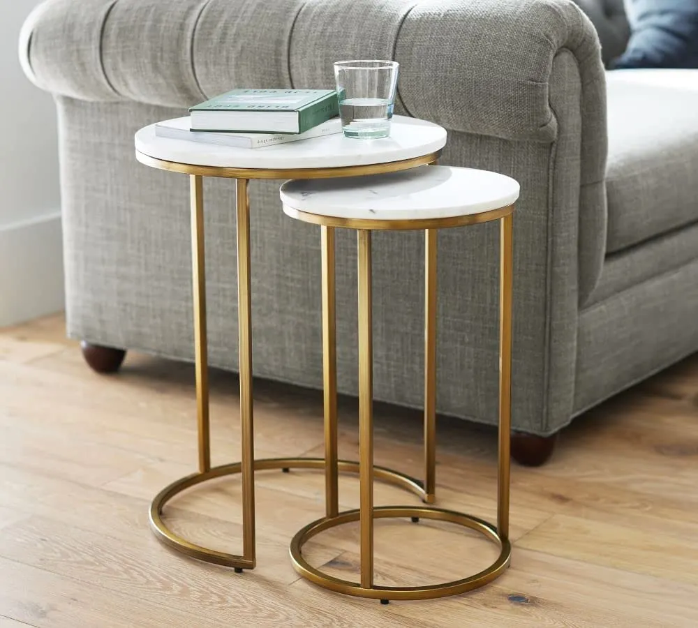 Onlinecollection Side End Coffee Table|Bedside Table|Sofa Side Table|Night Stand for Living|Bedroom Home Furniture (Metal-MDF) (Set of 2) OC-998 (Gold - White)