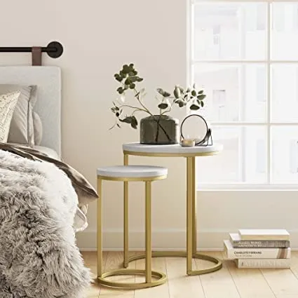 Onlinecollection Side End Coffee Table|Bedside Table|Sofa Side Table|Night Stand for Living|Bedroom Home Furniture (Metal-MDF) (Set of 2) OC-998 (Gold - White)