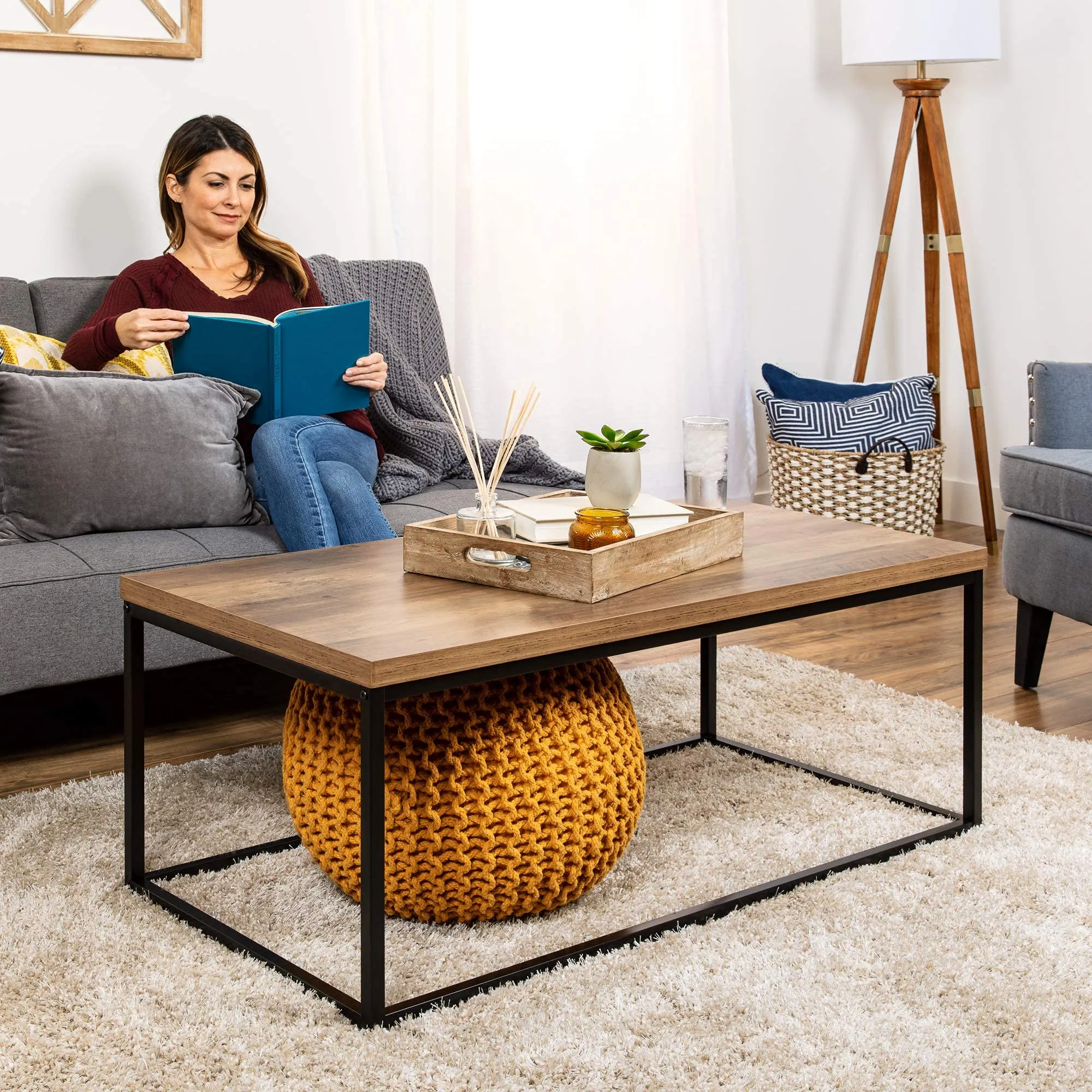 SKS Furniture Solid Wood & Metal Frame Center Coffee Table for Living Room Hall Wooden Cocktail Accent Tea Tables for Home Garden & Office - (Black and Brown Finish)