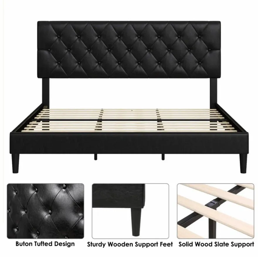 Sturdy Metal Bed Frame with Adjustable Legs and Wooden Slats