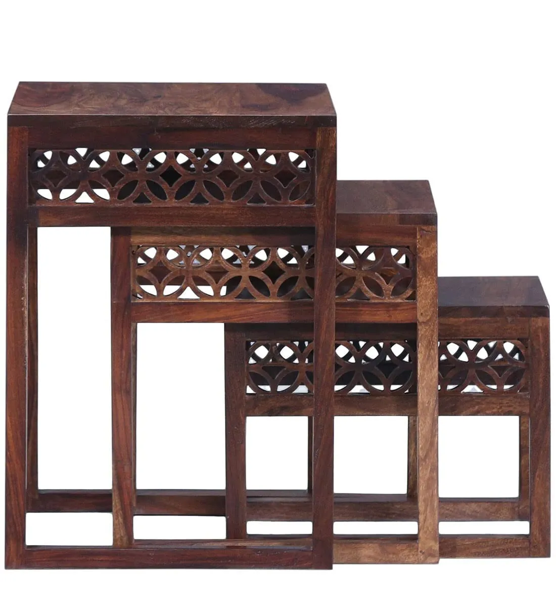 TANWAR HANDICRAFT Sheesham Wood Carving Nesting Tables Set of 3 Stools for Living Room Home Wooden Nightstand End Table Stand for Bedroom Hotels - Honey 1812