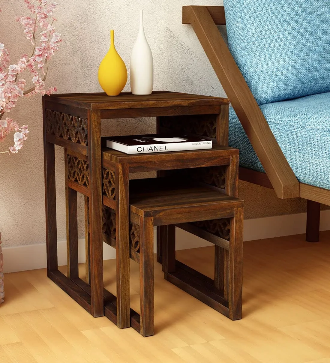 TANWAR HANDICRAFT Sheesham Wood Carving Nesting Tables Set of 3 Stools for Living Room Home Wooden Nightstand End Table Stand for Bedroom Hotels - Honey 1812