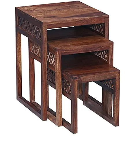 TANWAR HANDICRAFT Sheesham Wood Carving Nesting Tables Set of 3 Stools for Living Room Home Wooden Nightstand End Table Stand for Bedroom Hotels - Honey 1812