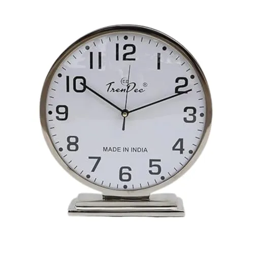 TrenDec Table Clock | Desk Clock | Study Table Clock | Aesthetic Table Clock | Home Decor Office Desk Living Room Centre Table Bedroom Study Room | Metal Round Silver Finish Table Clock