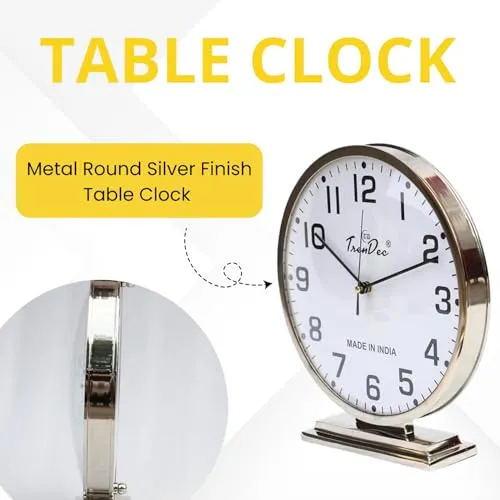 TrenDec Table Clock | Desk Clock | Study Table Clock | Aesthetic Table Clock | Home Decor Office Desk Living Room Centre Table Bedroom Study Room | Metal Round Silver Finish Table Clock