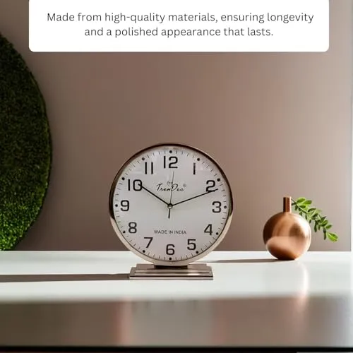 TrenDec Table Clock | Desk Clock | Study Table Clock | Aesthetic Table Clock | Home Decor Office Desk Living Room Centre Table Bedroom Study Room | Metal Round Silver Finish Table Clock