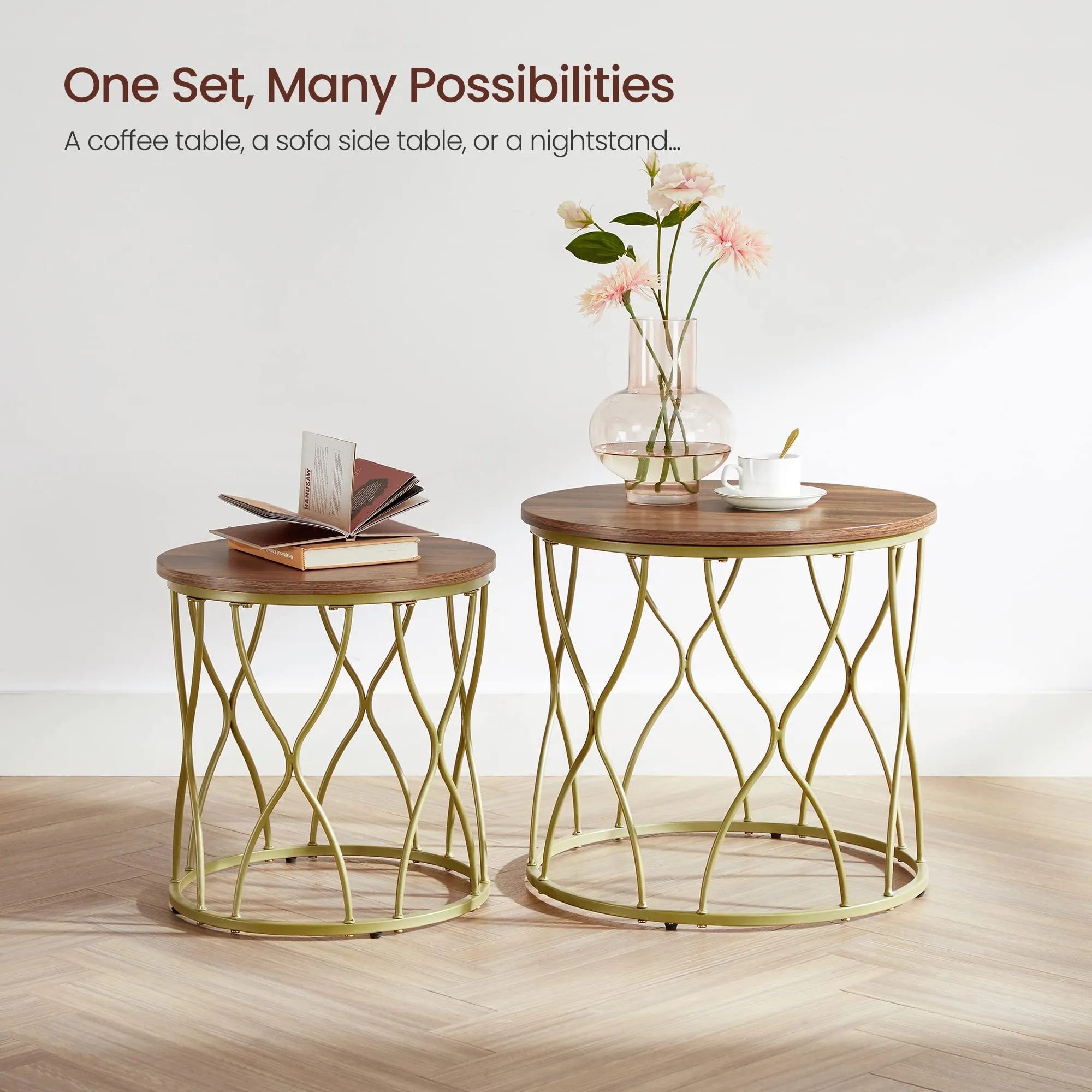 VASAGLE Side Table Set of 2, Round Coffee Table for Living Room, End Tables, Nightstands for Bedroom, Study, Wood Grain Effect and Gold ULET331A43