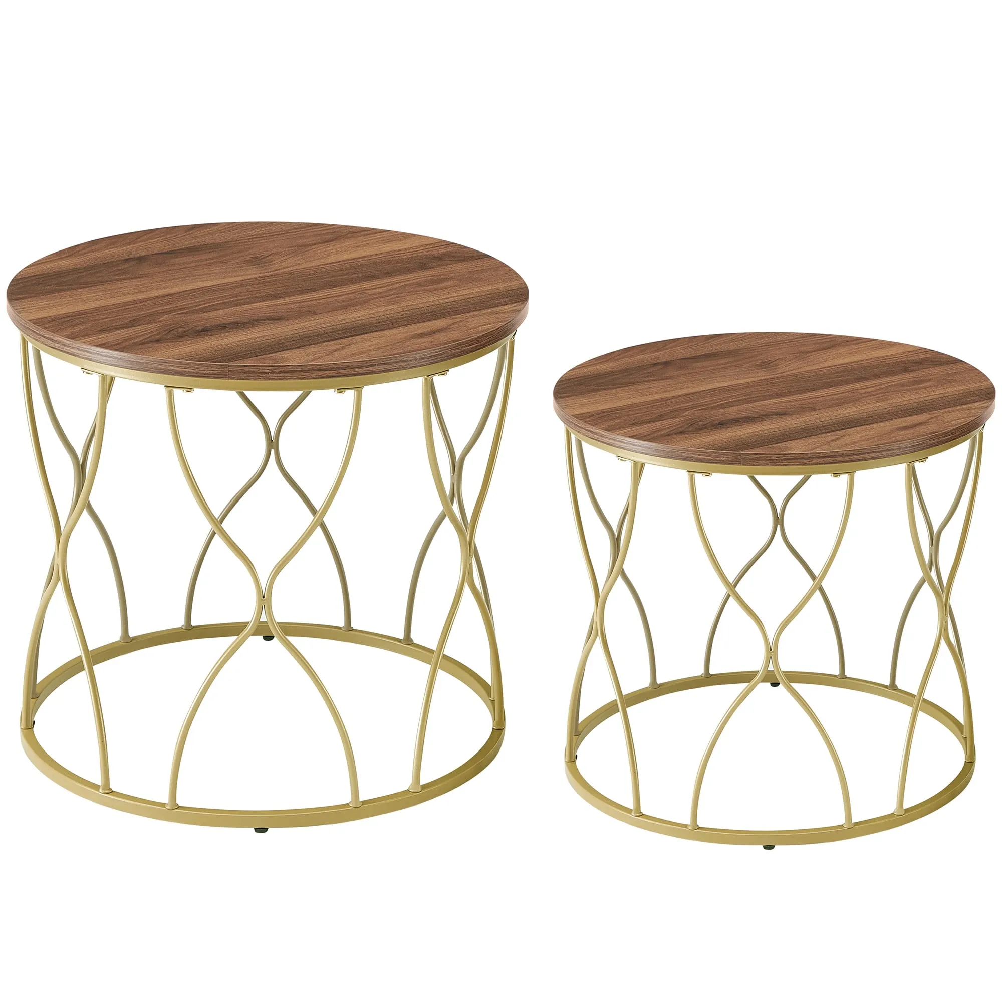 VASAGLE Side Table Set of 2, Round Coffee Table for Living Room, End Tables, Nightstands for Bedroom, Study, Wood Grain Effect and Gold ULET331A43