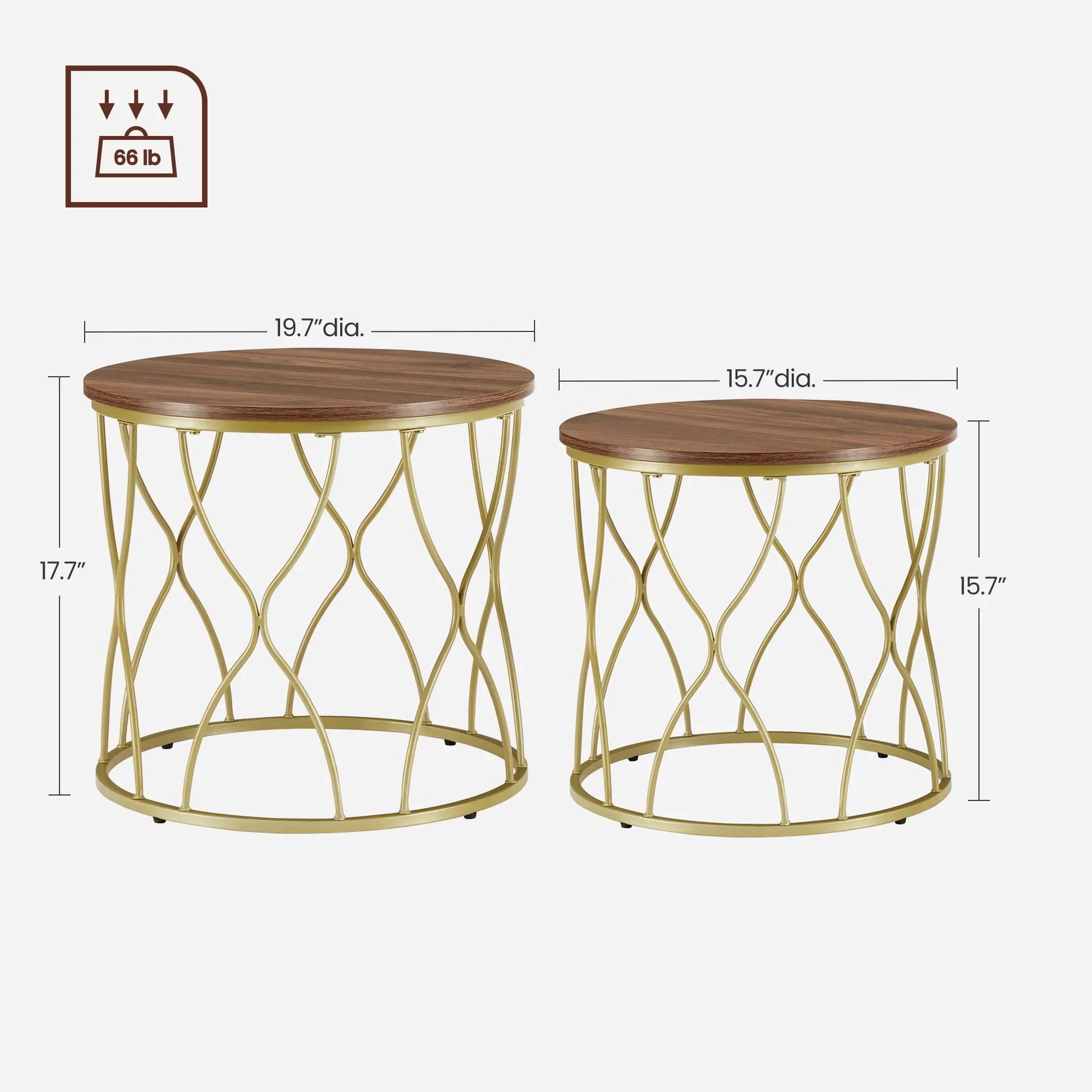 VASAGLE Side Table Set of 2, Round Coffee Table for Living Room, End Tables, Nightstands for Bedroom, Study, Wood Grain Effect and Gold ULET331A43