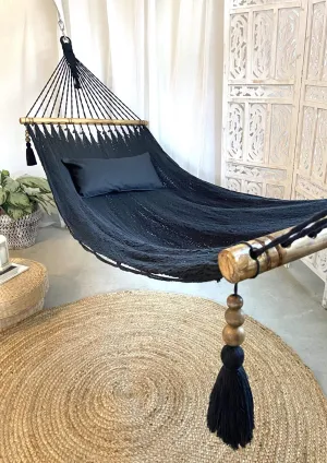 Woven Black Hammock With Wood Spreaders | JULIANNA