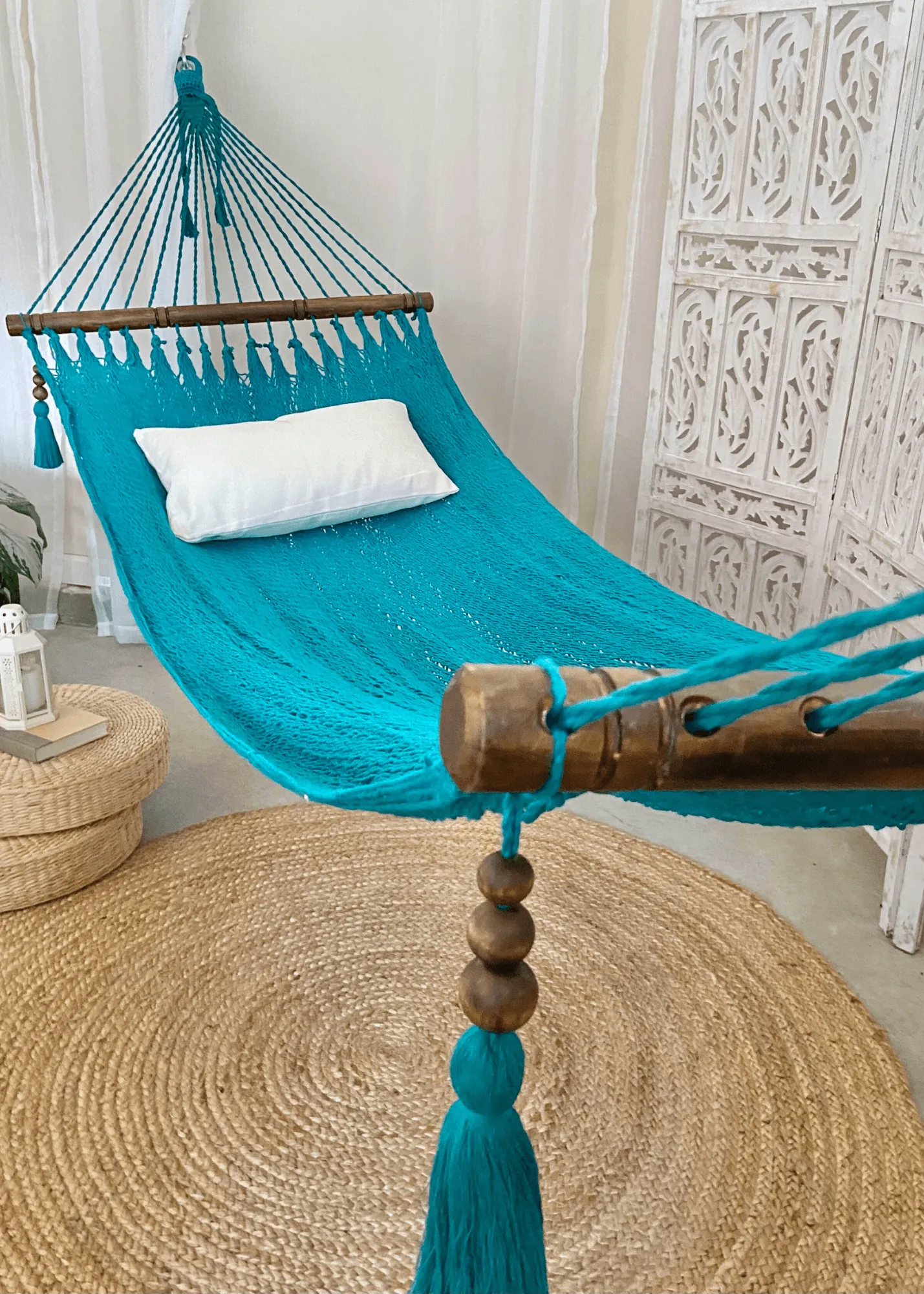 Woven Turquoise Hammock With Wood Spreaders | JULIANNA