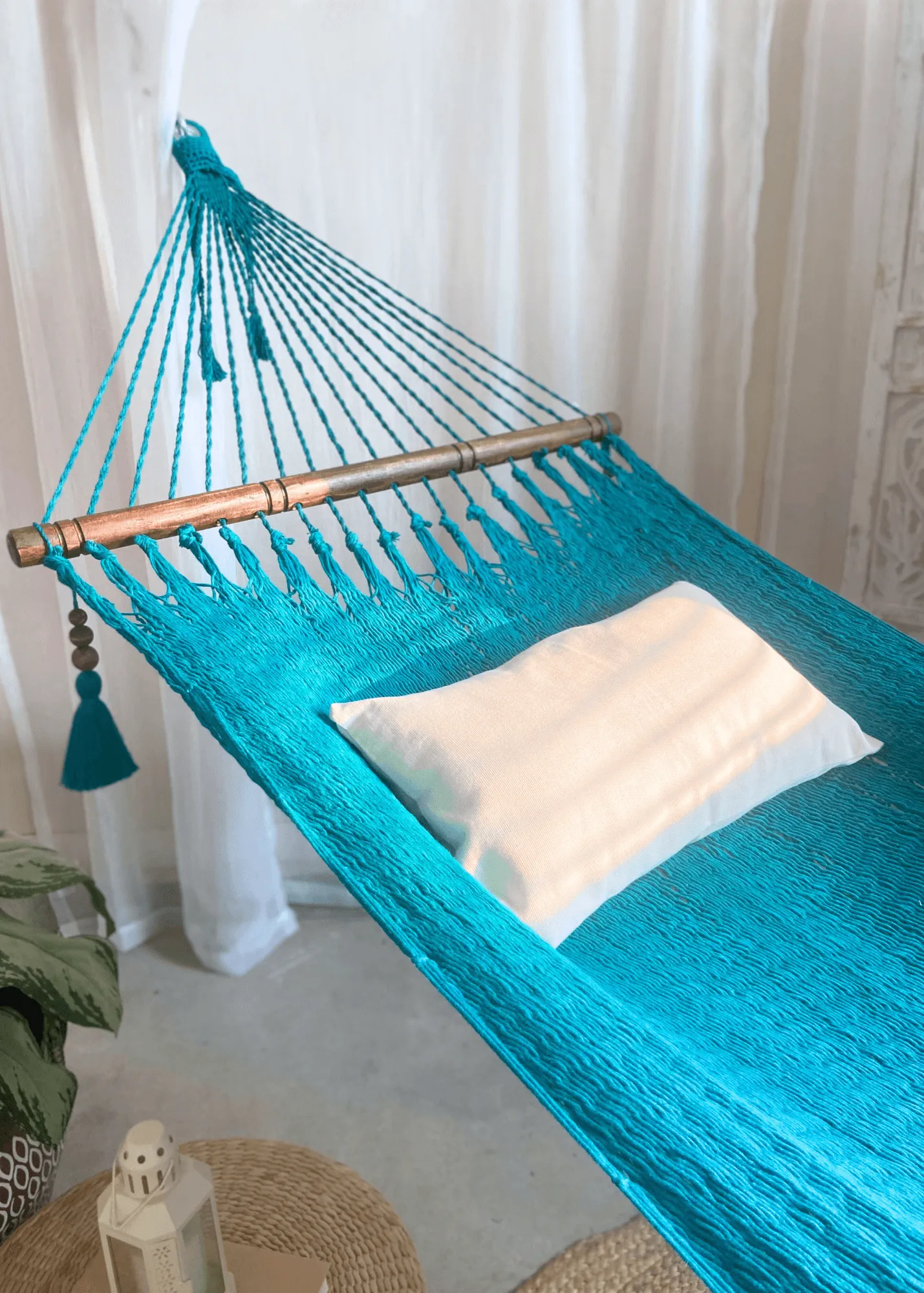 Woven Turquoise Hammock With Wood Spreaders | JULIANNA